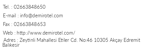 Demir Otel telefon numaralar, faks, e-mail, posta adresi ve iletiim bilgileri