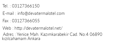 Deva Termal Otel telefon numaralar, faks, e-mail, posta adresi ve iletiim bilgileri