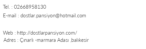 Dostlar Pansiyon telefon numaralar, faks, e-mail, posta adresi ve iletiim bilgileri