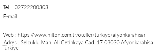 Doubletree By Hilton Afyonkarahisar telefon numaralar, faks, e-mail, posta adresi ve iletiim bilgileri