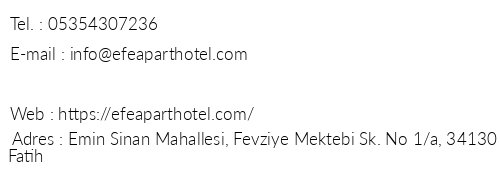 Efe Apart Hotel telefon numaralar, faks, e-mail, posta adresi ve iletiim bilgileri
