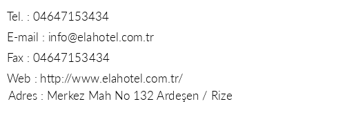 Ela Hotel Ardeen telefon numaralar, faks, e-mail, posta adresi ve iletiim bilgileri