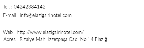 Elaz irin Otel telefon numaralar, faks, e-mail, posta adresi ve iletiim bilgileri