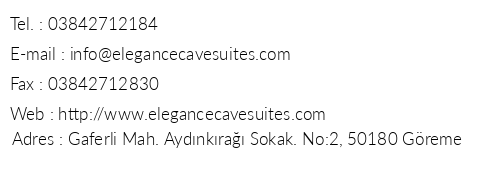 Elegance Cave Suites telefon numaralar, faks, e-mail, posta adresi ve iletiim bilgileri