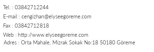 Elysee Cave House telefon numaralar, faks, e-mail, posta adresi ve iletiim bilgileri