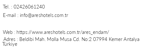 Ares Endam Hotel telefon numaralar, faks, e-mail, posta adresi ve iletiim bilgileri