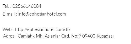 Ephesian Hotel telefon numaralar, faks, e-mail, posta adresi ve iletiim bilgileri