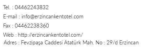 Erzincan Kent Otel telefon numaralar, faks, e-mail, posta adresi ve iletiim bilgileri