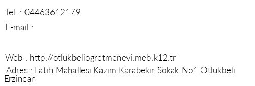 Erzincan Otlukbeli retmenevi telefon numaralar, faks, e-mail, posta adresi ve iletiim bilgileri