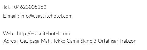 Esa Suite Hotel telefon numaralar, faks, e-mail, posta adresi ve iletiim bilgileri