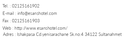Esans Hotel telefon numaralar, faks, e-mail, posta adresi ve iletiim bilgileri