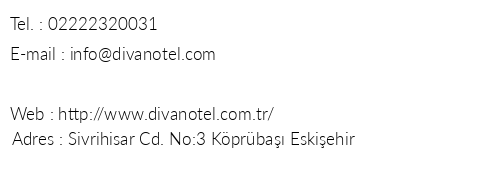 Eskiehir Divan Hotel telefon numaralar, faks, e-mail, posta adresi ve iletiim bilgileri