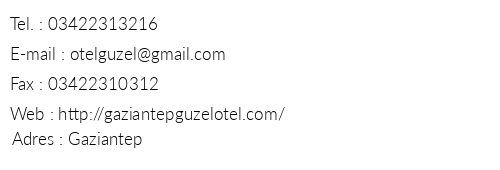 Gaziantep Gzel Otel telefon numaralar, faks, e-mail, posta adresi ve iletiim bilgileri