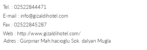 Gizaldi Apart Hotel telefon numaralar, faks, e-mail, posta adresi ve iletiim bilgileri