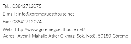 Greme Guest House telefon numaralar, faks, e-mail, posta adresi ve iletiim bilgileri