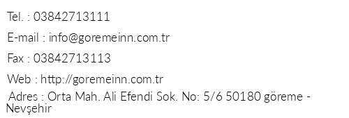 Goreme nn Otel telefon numaralar, faks, e-mail, posta adresi ve iletiim bilgileri