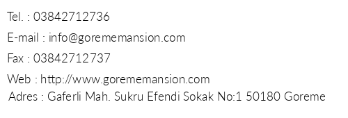 Greme Mansion telefon numaralar, faks, e-mail, posta adresi ve iletiim bilgileri