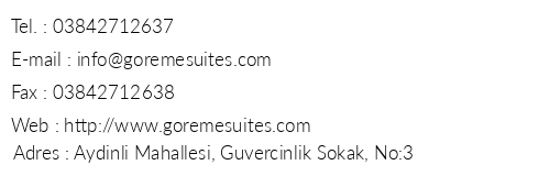 Greme Suites telefon numaralar, faks, e-mail, posta adresi ve iletiim bilgileri