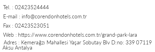 Grand Park Lara telefon numaralar, faks, e-mail, posta adresi ve iletiim bilgileri