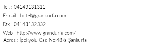 Grand Urfa Hotel telefon numaralar, faks, e-mail, posta adresi ve iletiim bilgileri