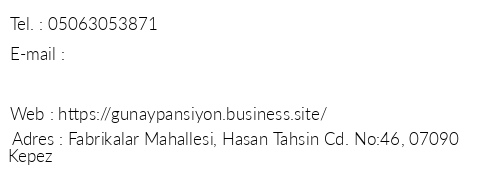 Gnay Pansiyon telefon numaralar, faks, e-mail, posta adresi ve iletiim bilgileri
