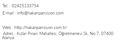 Hakan Pansiyon telefon numaralar, faks, e-mail, posta adresi ve iletiim bilgileri