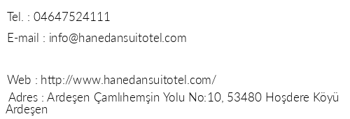 Hanedan Suit Otel telefon numaralar, faks, e-mail, posta adresi ve iletiim bilgileri