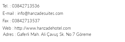 Hanzade Suites telefon numaralar, faks, e-mail, posta adresi ve iletiim bilgileri