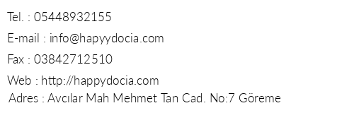 Happydocia Hotel telefon numaralar, faks, e-mail, posta adresi ve iletiim bilgileri