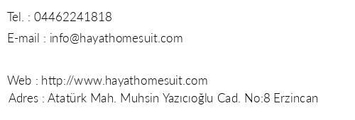 Hayat Home Suite telefon numaralar, faks, e-mail, posta adresi ve iletiim bilgileri