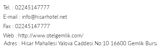 Hisar Hotel telefon numaralar, faks, e-mail, posta adresi ve iletiim bilgileri