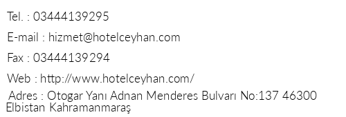 Hotel Ceyhan telefon numaralar, faks, e-mail, posta adresi ve iletiim bilgileri