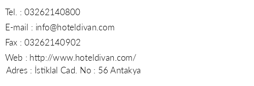 Divan Otel Antakya telefon numaralar, faks, e-mail, posta adresi ve iletiim bilgileri