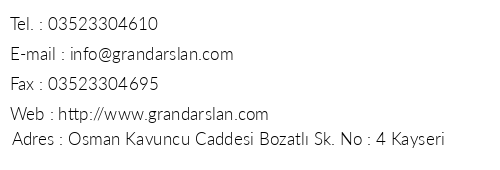 Hotel Grand Arslan telefon numaralar, faks, e-mail, posta adresi ve iletiim bilgileri