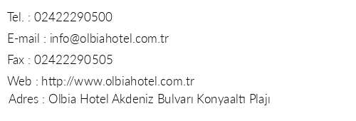 Hotel Olbia telefon numaralar, faks, e-mail, posta adresi ve iletiim bilgileri