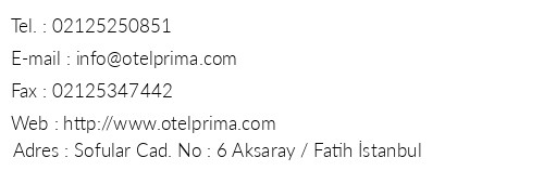 Hotel Prima telefon numaralar, faks, e-mail, posta adresi ve iletiim bilgileri