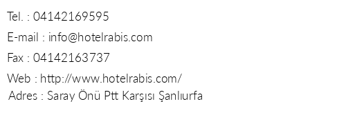 Hotel Rabis telefon numaralar, faks, e-mail, posta adresi ve iletiim bilgileri