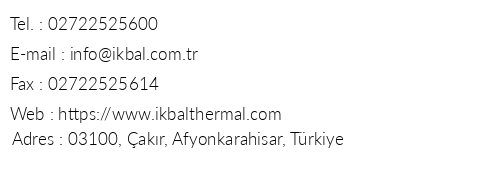 Ikbal Thermal Hotel & Spa Afyonkarahisar telefon numaralar, faks, e-mail, posta adresi ve iletiim bilgileri
