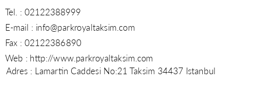 Park Royal Hotel stanbul telefon numaralar, faks, e-mail, posta adresi ve iletiim bilgileri