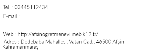 Kahramanmara Afin retmenevi telefon numaralar, faks, e-mail, posta adresi ve iletiim bilgileri