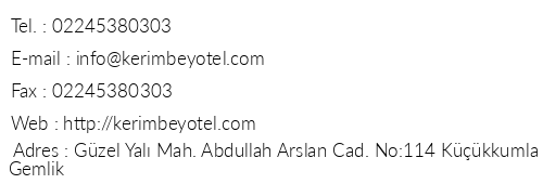 Kerimbey Otel telefon numaralar, faks, e-mail, posta adresi ve iletiim bilgileri
