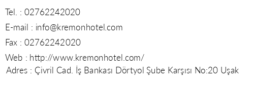 Kremon Hotel telefon numaralar, faks, e-mail, posta adresi ve iletiim bilgileri
