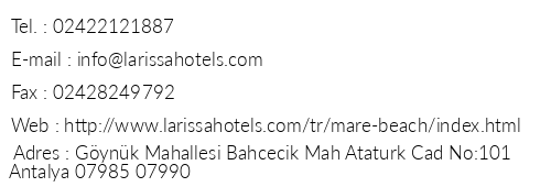 Larissa Mare Beach telefon numaralar, faks, e-mail, posta adresi ve iletiim bilgileri
