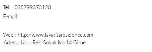 Lavanta Residence telefon numaralar, faks, e-mail, posta adresi ve iletiim bilgileri