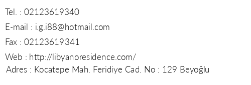 Libyano Residence telefon numaralar, faks, e-mail, posta adresi ve iletiim bilgileri