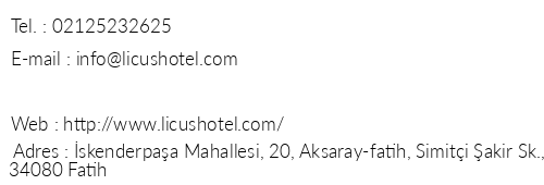Licus Hotel telefon numaralar, faks, e-mail, posta adresi ve iletiim bilgileri