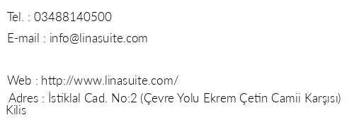 Lina Suite Hotel telefon numaralar, faks, e-mail, posta adresi ve iletiim bilgileri