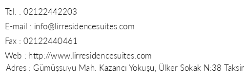Lir Residence Suites telefon numaralar, faks, e-mail, posta adresi ve iletiim bilgileri