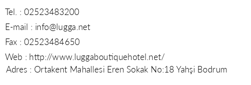 Lugga Boutique Hotel & Beach telefon numaralar, faks, e-mail, posta adresi ve iletiim bilgileri