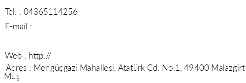 Malazgirt Otel telefon numaralar, faks, e-mail, posta adresi ve iletiim bilgileri